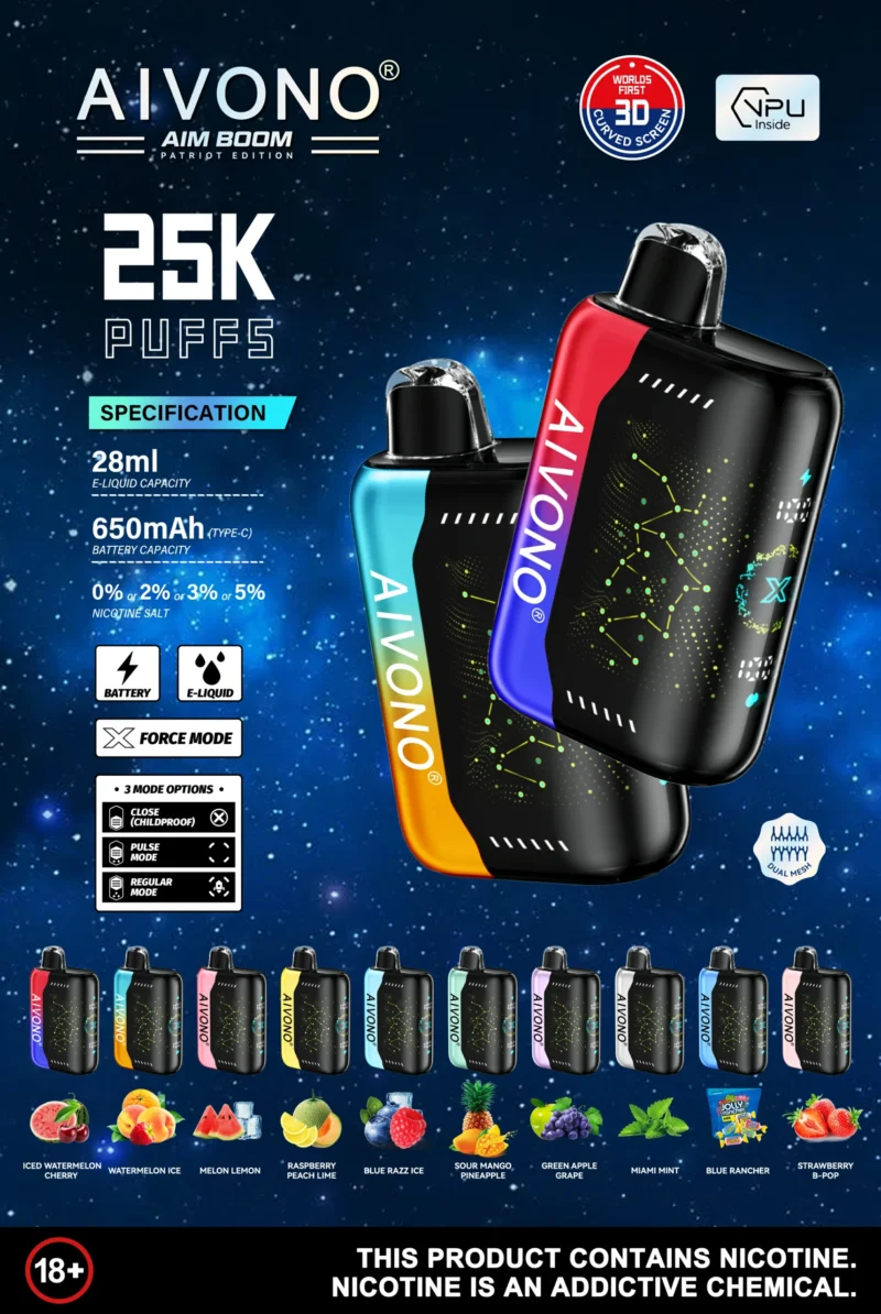 Atacado a granel Aivono Aim Boom 25000 Puffs 0% 2% 3% 5% Nicotina 650mAh Bateria recarregável Vape descartável Original de fábrica Vários sabores