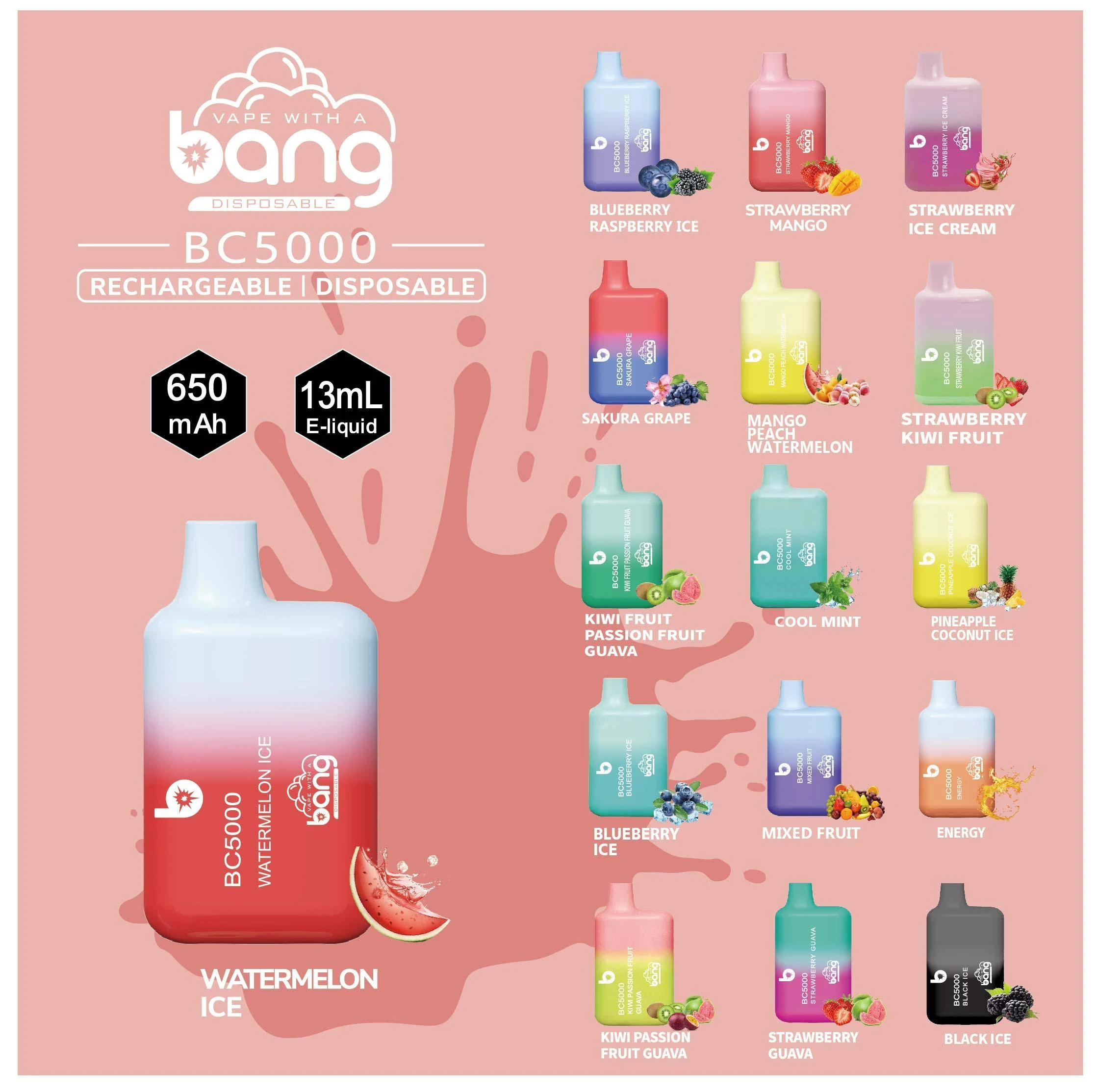 Bang BC5000 Box 5000 Puffs Vape Original E CIRTETTE 0% 2% 3% 5% Nicotina a granel Comprar vape desechable al por mayor