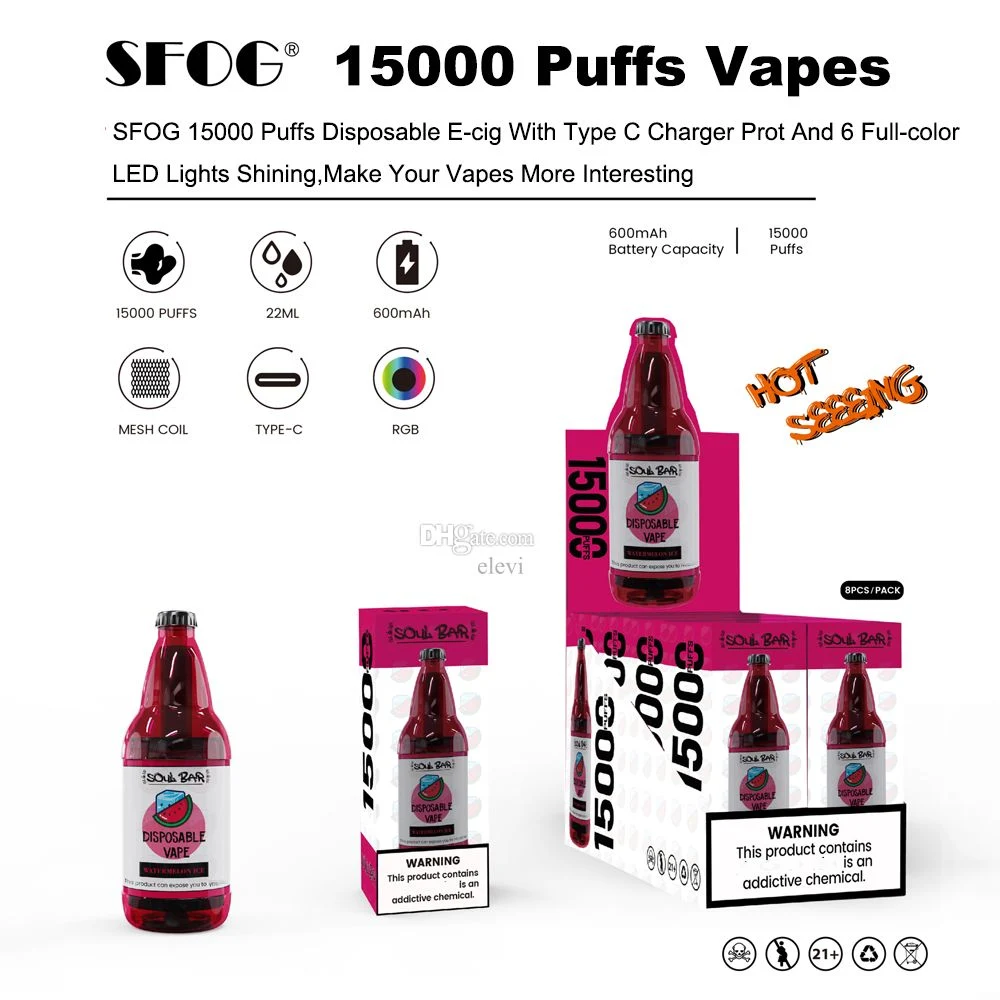 SFOG Soul Bar 15000 Puff eldobható vape nagykereskedelmi t?meges vásárlás 22 ML E-Liquid 600 mAh újrat?lthet? akkumulátor hálós tekercs 2