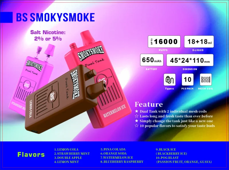 BREZE Bs Smoky 16000 Puffs Prémium, kéttartályos eldobható Vape Pen hálós tekercsekkel és 36 ml-es ?rtartalommal nagykereskedelmi nikotinhoz 1