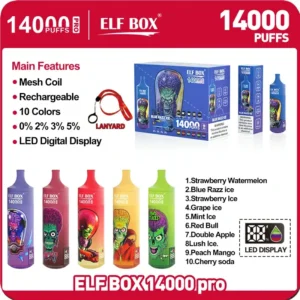 ELF BOX RGB 14000 Puffs Pro Jednorazowy d?ugopis Vape z mo?liwo?ci? ?adowania – sprzeda? hurtowa z opcjami nikotynowymi (0%, 2%, 3%, 5%) 1