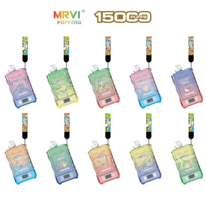 Fabrieksoriginele MRVI PUFFING 15000 PUFFS 2% 5% Nicotine Dual Mesh Coil Wegwerp Vape Pen met E Liquid & Power Schermweergave (1)