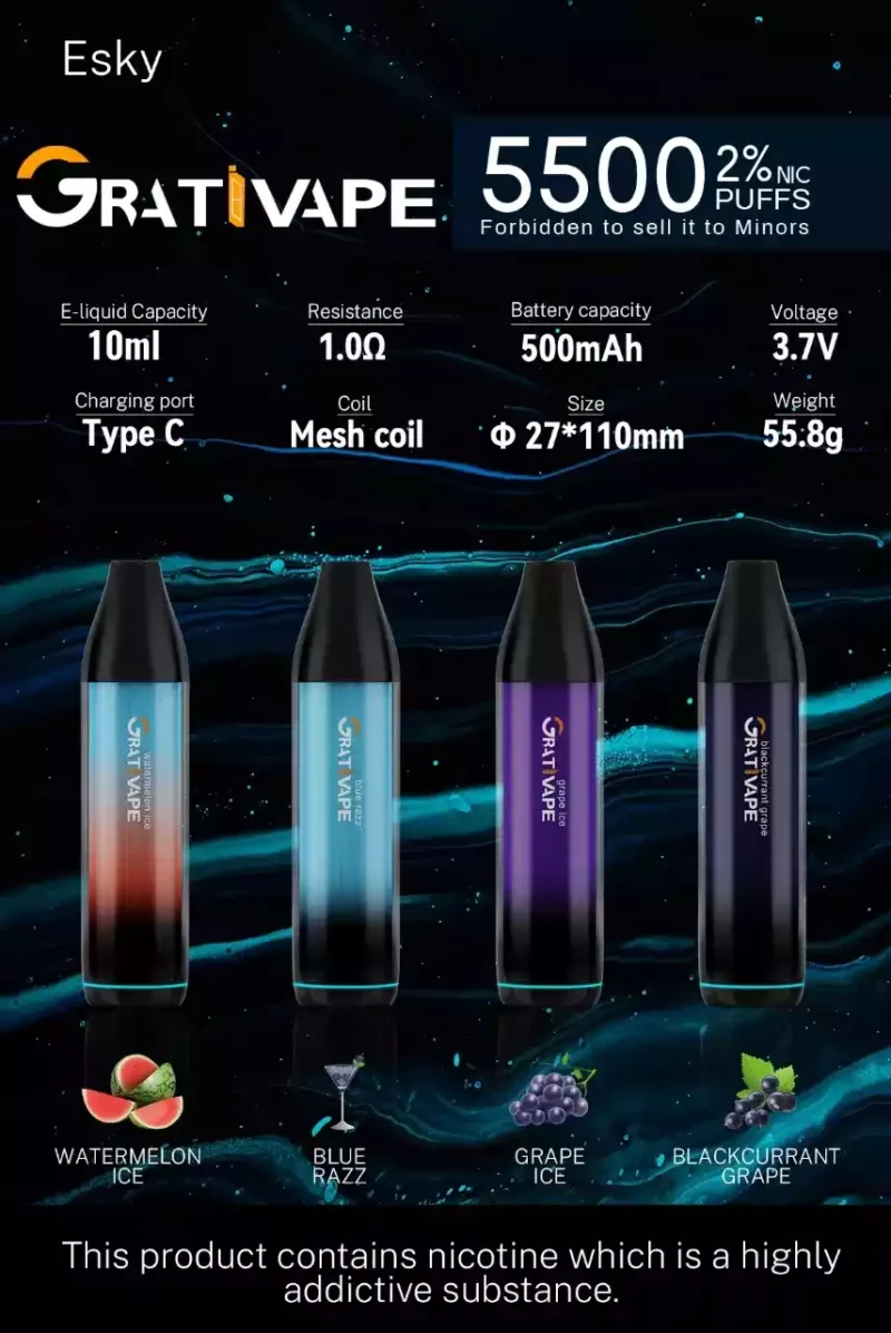 Grativape Esky 5500 Puffs penna Vape usa e getta ricaricabile e vendita calda nel 2025 all'ingrosso 3