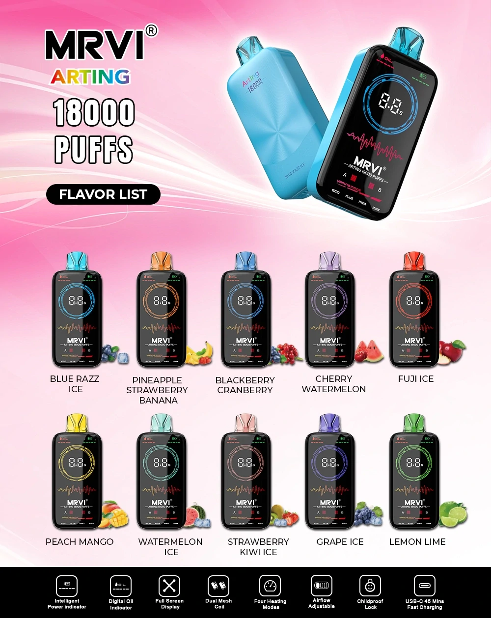 A legújabb Hot MRVI Arting 18000 Puffs 26 ml 600 mAh akkumulátor 2% 5% Nikotin Dual Mesh Coil nagykereskedelmi eldobható Vape toll teljes kijelz?vel (1)