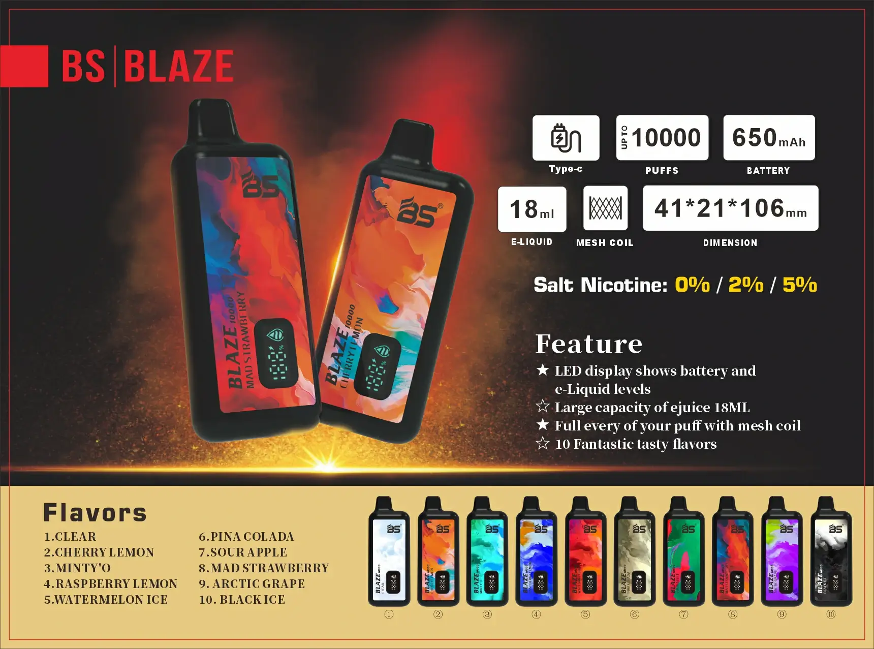 Wholesale BREZE BS BLAZE 10000 Puffs Disposable Vape Pen 2024 Best Seller with Mesh Coil Display Screen and Multiple Nicotine 0 2 5 Options 13