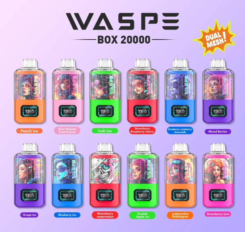 Pluma Vape desechable de malla dual WASPE de alto rendimiento 20000 inhalaciones con capacidad de 24 ml y pantalla LCD Niveles de nicotina 0% 2% 3% 5% 3