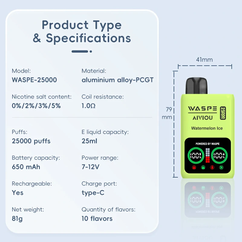 Waspe Waspe 25000 Puffs de malla de malla de doble malla de malla de malla con capacidad de 25 ml y pantalla LCD Nicotine Opciones 0% 2% 5% 3