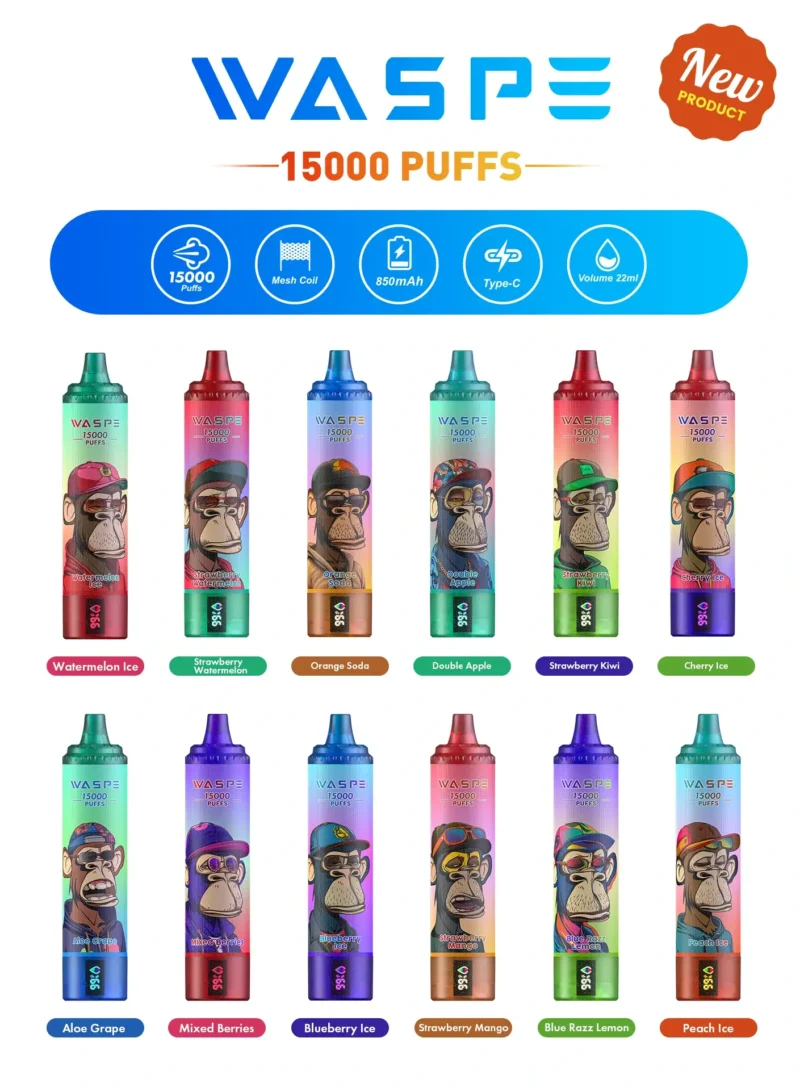 Bestseller Waspe 15000 Puffs wiederaufladbarer Einweg-Vape-Pen mit 22 ml E-Liquid-LCD-Display und Nikotinst?rken 0% 2% 3% 5% 3