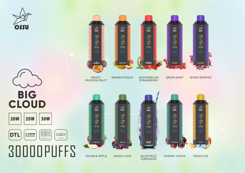 OSSU de qualidade 30000 Puffs Vape descartável por atacado Vape compra recarregável 0% 2% 3% 5% baixa nicotina digital tela inteligente 2025 quente 4