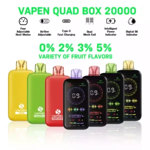 Kvalitní Vapen Quad Box 20000 Puffs Nastavitelné proudění vzduchu Dobitelné nízké nikotinové jednorázové vape s displejem na celé obrazovce dostupné velkoobchod 2