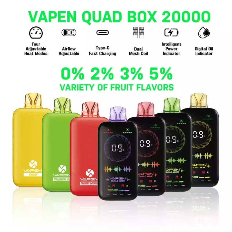 QUALIT? VAPEN Quad Box 20000 BUFFS AIL AIRFLOW REGOLABILE AIRCHABILE RICARGABILE NICOTINA SVIDULTALE DI NICETINA con display a schermo intero Disponibile all'ingrosso 2