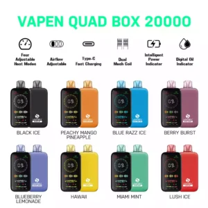 QUALIT? QUALIT? VAPEN Quad Box 20000 BUFI AIL AIRFLOW REGOLABILE AIRCHABILE RICARGABILE NICOTINA SVIDULTALE DI NICETINA con display a schermo intero Disponibile all'ingrosso 5