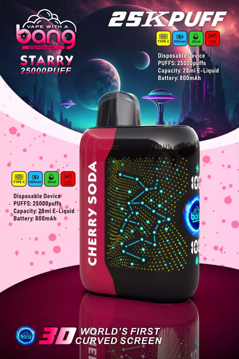 Bang Starry 25000 Puffs Rechargeable 3D Curved Screen Disposable Vape Wholesale 0 2 3 5 Low Nicotine 28ml E Liquid Mesh Coil Bulk Buy Disposable Electronic Cigarettes 1 scaled