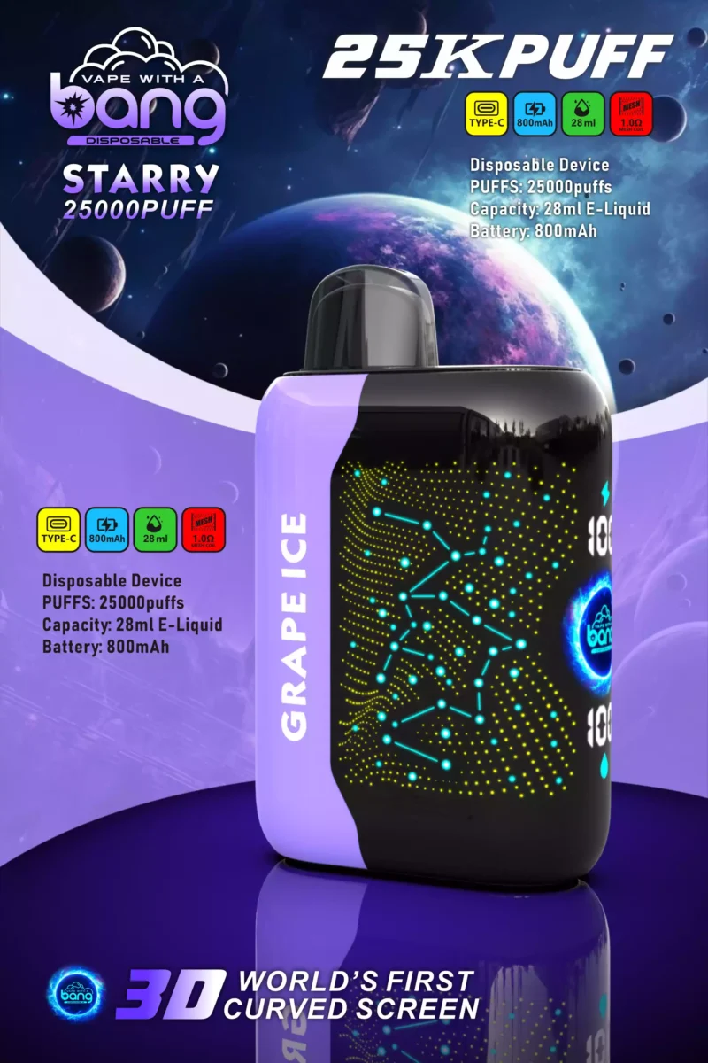 Bang Starry 25000 Puffs Akumulator 3D Zakrzywiony ekran Jednorazowy Vape Hurtowy 0 2 3 5 Nikotyna 28 ml E P?ynna cewka siatkowa Luzem Kup jednorazowe elektroniczne papierosy 3 skalowane