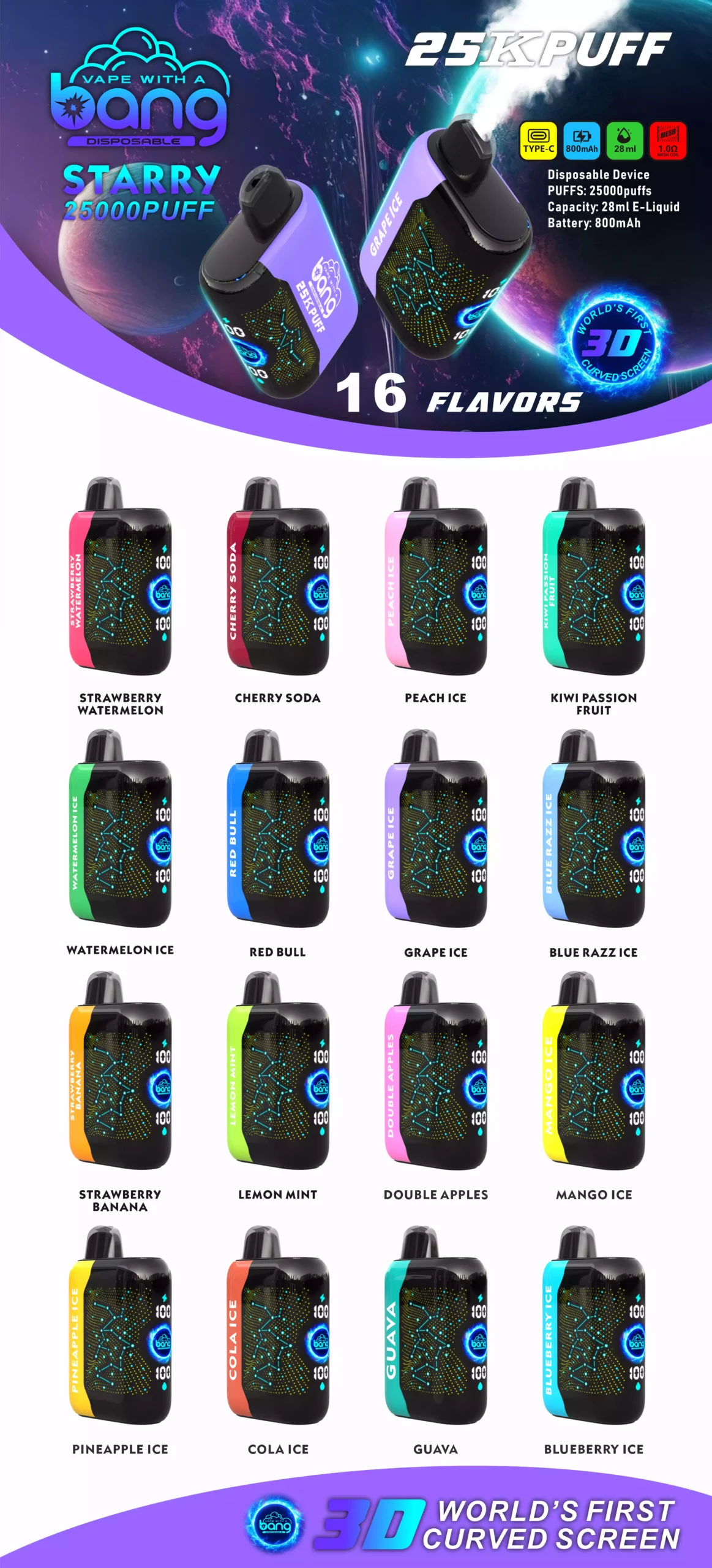 Bang Starry 25000 Puffs Dobíjecí 3D zak?ivená obrazovka Jednorázová vape velkoobchod 0% 2% 3% 5% Nízk? obsah nikotinu 28ml E Liquid Mesh Coil Bulk Koupit jednorázové elektronické cigarety (6)